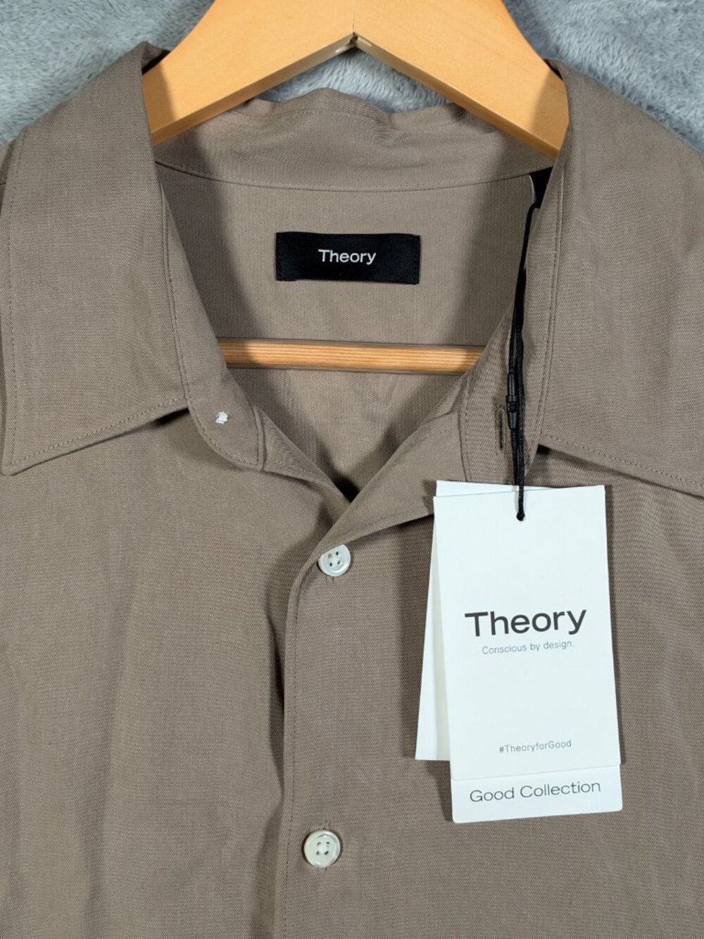 Theory Button Up Shirt Mens L Taupe Noll NP Fluid Lyocell Long Sleeve $225